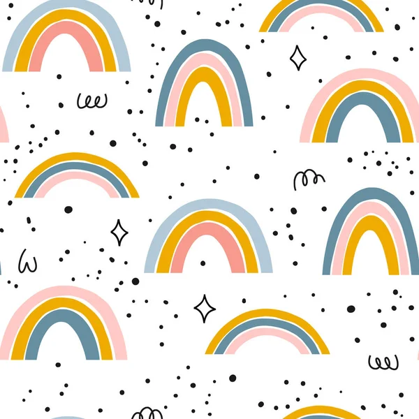 Hand drawn rainbow vector seamless pattern. Kids style. Wrapping paper, textile, background design.