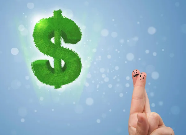 Счастливые Улыбающиеся Пальцы Смотрят Знак Зеленого Листа Доллара — стоковое фото