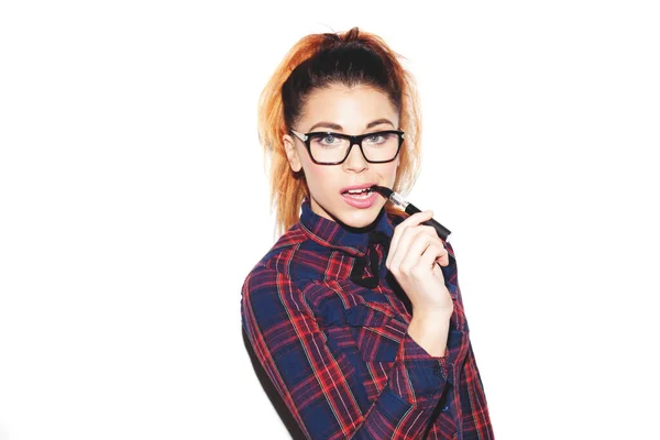 Portrait Girl Nerdy Look Smoking — Stock Photo, Image