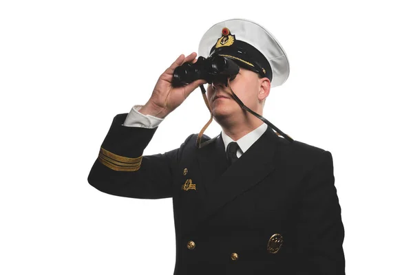 Jovem Capitão Navio Uniforme Fundo Branco — Fotografia de Stock