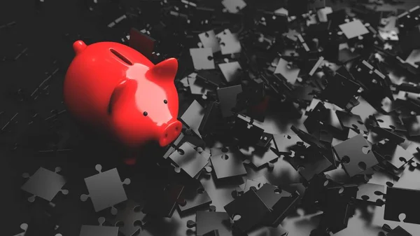 Investeringsstrategi Red Piggy Bank Med Svart Pussel — Stockfoto