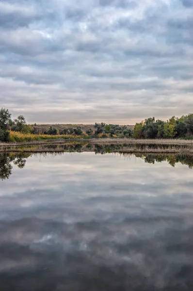 Reflejo espejo del cielo en un lago con árboles — Foto de Stock
