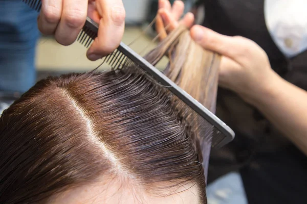 Salón de belleza. Chica peinándose el pelo — Foto de Stock