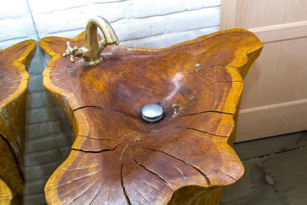 Sink made of wood in the bathroom — Stock Photo, Image