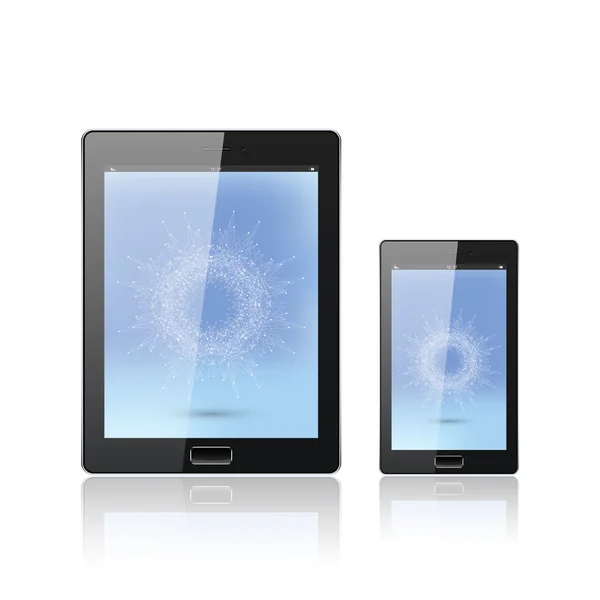 Moderní digitální počítač tablet Pc s mobilní smartphone izolovaných na bílém. Molekuly a komunikační zázemí. Pojetí vědy. Vektorové ilustrace. — Stockový vektor