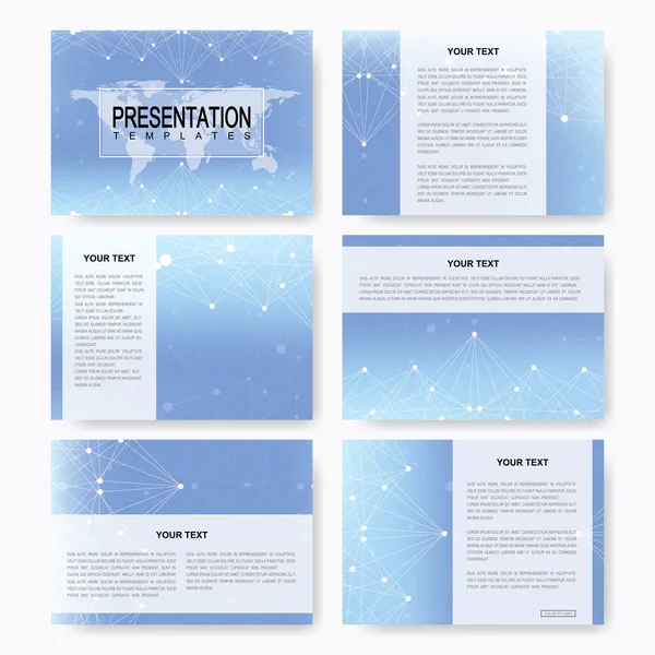 Set of vector templates for presentation slides with world map. Brochure, Leaflet, flyer, cover magazine or annual report. Modern business, science, medicine design. Abstract background with molecule. — Stock Vector
