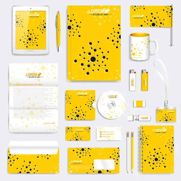 Κίτρινο σύνολο διάνυσμα πρότυπο εταιρικής ταυτότητας. Σύγχρονη ιατρική χαρτικά μακέτα. Branding σχεδιασμό με μόριο. Ιατρική, επιστήμη, τεχνολογία. — Διανυσματικό Αρχείο
