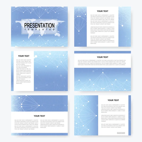 Set of vector templates for presentation slides with world map. Brochure, Leaflet, flyer, cover magazine or annual report. Modern business, science, medicine design. Abstract background with molecule. — Stock Vector