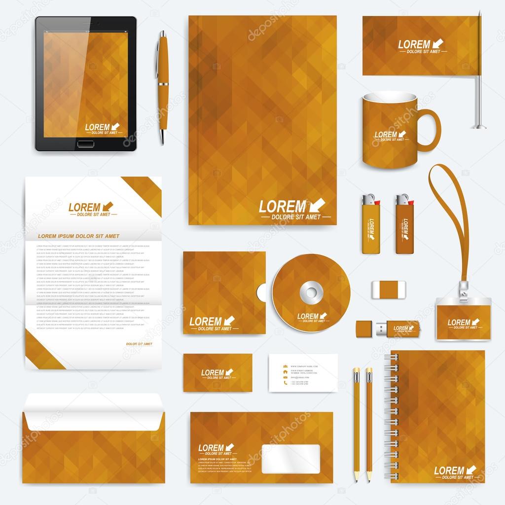Golden set of vector corporate identity template. Modern business stationery mock-up polygonal backdrop. Background with gold triangles. Branding design.