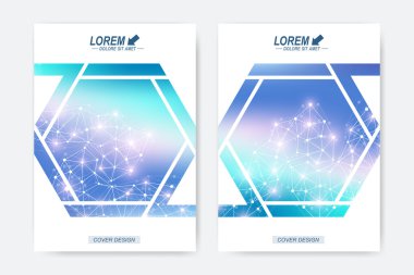 Modern vektör şablonu için broşür broşür afiş reklam kapak dergi veya faaliyet raporu. Geometrik arka plan molekül ve iletişim. DNA molekül yapısı ve nöronlar kavramı.