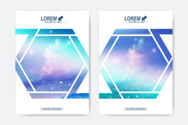 Modern vektör şablonu için broşür, broşür, el ilanı, kapak, kitapçık, dergi veya yıllık raporu. Bulutlu gökyüzü arka plan. Geometrik arka plan molekül ve iletişim.