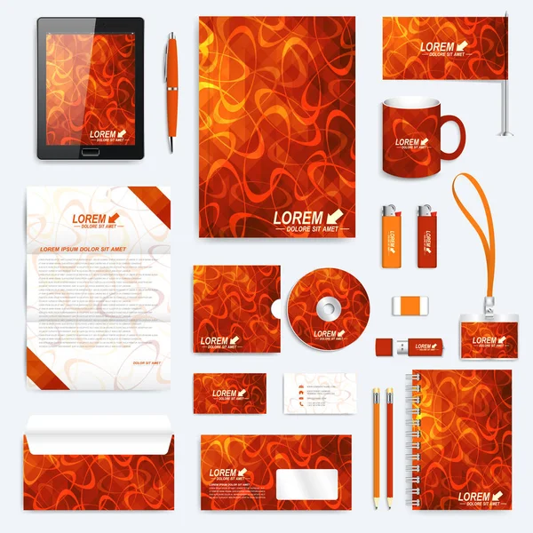 Red set of vector corporate identity template. Modern business stationery mockup. Tablet pc, letterhead, envelope, letter, card, pen, pencil, badge, cup. — Stock Vector