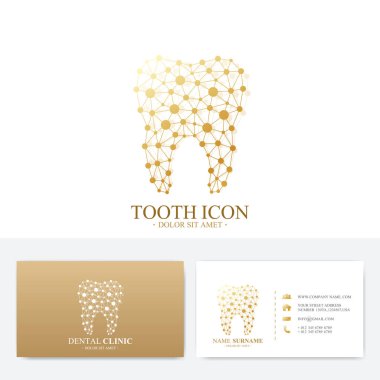 Premium Business Card Print Template. Visiting Dental Clinic Card with Tooth Logo. Dentist Office Oral Care. Dental Implants. Medical Design Golden Tooth Logo. clipart