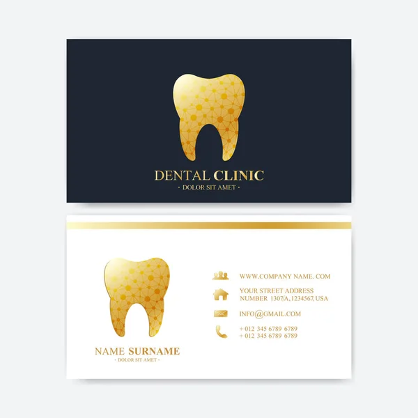 Premium Print sjabloon voor visitekaartjes. Een bezoek aan de tandheelkundige kliniek kaart met tand Logo. Tandarts Office mondverzorging. Tandheelkundige implantaten. Medische ontwerp gouden tand Logo. — Stockvector