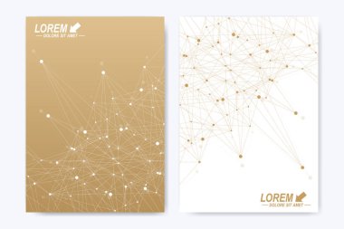 Broşür broşürü için modern vektör şablonu ilanı kapağı dergisi veya yıllık rapor. A4 beden. İş, bilim, tıbbi tasarım kitabı düzeni. Altın sibernetik noktalar. Pleksus hattı. Kart yüzeyi.