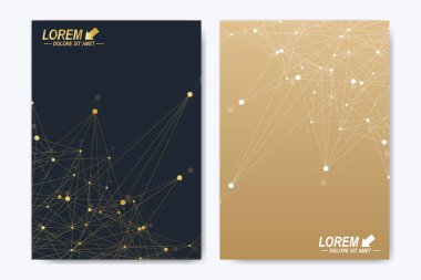 Broşür broşürü için modern vektör şablonu ilanı kapağı dergisi veya yıllık rapor. A4 beden. İş, bilim, tıbbi tasarım kitabı düzeni. Altın sibernetik noktalar. Pleksus hattı. Kart yüzeyi.