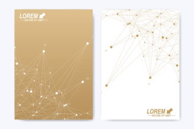 Broşür broşürü için modern vektör şablonu ilanı kapağı dergisi veya yıllık rapor. A4 beden. İş, bilim, tıbbi tasarım kitabı düzeni. Altın sibernetik noktalar. Pleksus hattı. Kart yüzeyi.