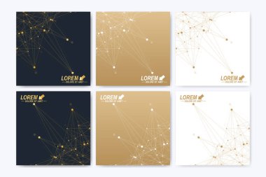 Modern vektör şablonu için kare broşür, broşür, el ilanı, kapak, kitapçık, dergi veya yıllık raporu. Soyut altın sunum kitap düzeni. Altın sibernetik noktalar. Satırları pleksus. Kart yüzeyi.