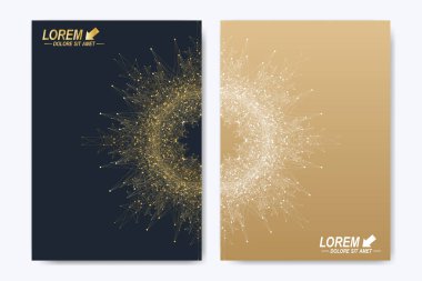 Broşür, broşür, el ilanı, kapak, dergi veya yıllık raporu modern vektör şablonu. A4 boyutunda altın düzeni. İş, bilim ve teknoloji tasarım kitap düzeni. Altın mandala sunuyla.