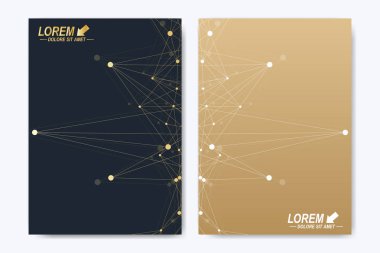 Broşür broşür afiş reklam kapak katalog raporu dergisi veya yıllık modern vektör şablonu. A4 boyutunda. İş, bilim, tıbbi tasarım. Altın sibernetik noktalar. Satırları pleksus. Kart yüzeyi.