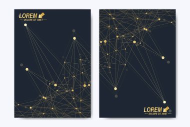 Broşür broşür afiş reklam kapak katalog raporu dergisi veya yıllık modern vektör şablonu. A4 boyutunda. İş, bilim, tıbbi tasarım. Altın sibernetik noktalar. Satırları pleksus. Kart yüzeyi.
