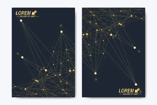 Broşür broşür afiş reklam kapak katalog raporu dergisi veya yıllık modern vektör şablonu. A4 boyutunda. İş, bilim, tıbbi tasarım. Altın sibernetik noktalar. Satırları pleksus. Kart yüzeyi.