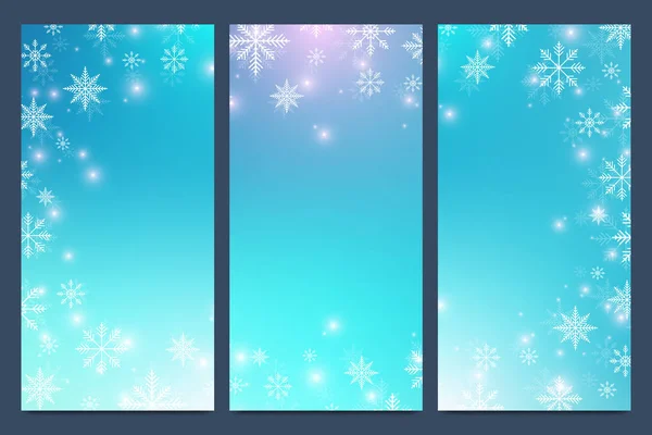 Moderna glad Nyåren uppsättning vektor flygblad. Jul bakgrund. Designmallar med snöflingor. Inbjudan kort yta. — Stock vektor