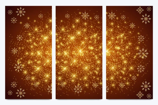 Moderne Happy New Year instellen van vector flyers Kerstmis achtergrond. Ontwerpsjablonen met sneeuwvlokken. Uitnodiging kaarten oppervlak. — Stockvector