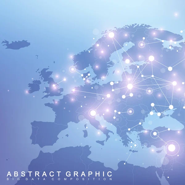 Comunicação gráfica de base geométrica com o Mapa da Europa. Grande complexo de dados com compostos. Cenário prospectivo. Matriz mínima. Visualização de dados digitais. Ilustração científica do vetor cibernético . —  Vetores de Stock