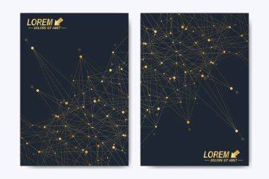 Broşür broşür afiş reklam kapak katalog raporu dergisi veya yıllık modern vektör şablonu. A4 boyutunda. İş, bilim, tıbbi tasarım. Altın sibernetik noktalar. Satırları pleksus. Kart yüzeyi.