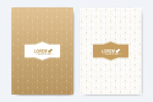 Modern vector template for brochure, Leaflet, flyer, cover, booklet, magazine or annual report. A4 size. Abstract golden presentation book layout. Geometric pattern with connected lines and dots. — Stock Vector