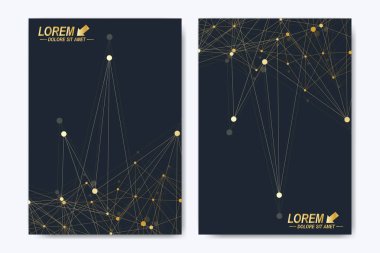 Broşür broşür afiş reklam kapak katalog raporu dergisi veya yıllık modern vektör şablonu. A4 boyutunda. İş, bilim, tıbbi tasarım. Altın sibernetik noktalar. Satırları pleksus. Kart yüzeyi.