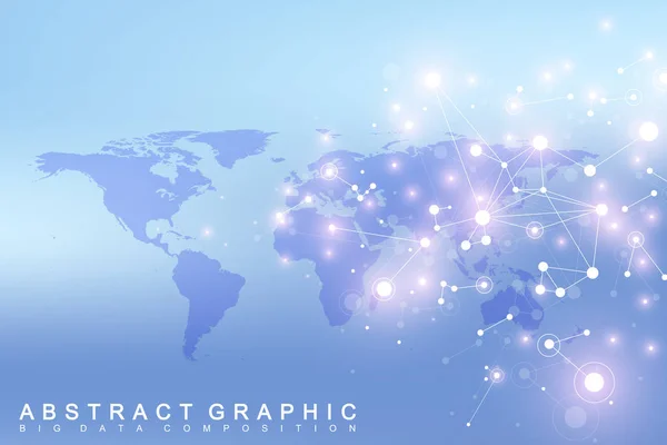 Mapa del mundo con el concepto de red tecnológica global. Visualización digital de datos. Plexo de líneas. Comunicación de fondo de Big Data. Ilustración del vector científico . — Vector de stock