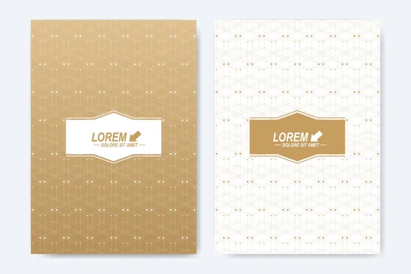 Modern vector template for brochure, Leaflet, flyer, cover, booklet, magazine or annual report. A4 size. Abstract golden presentation book layout. Geometric pattern with connected lines and dots. — Stock Vector