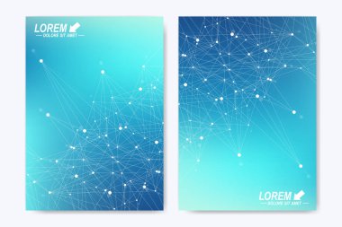Broşür broşür afiş reklam kapak katalog raporu dergisi veya yıllık modern vektör şablonu. A4 boyutunda. İş, bilim, tıbbi tasarım. Mavi sibernetik noktalar. Satırları pleksus. Kart yüzeyi.