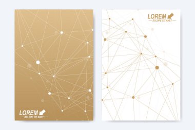Broşür broşür afiş reklam kapak katalog raporu dergisi veya yıllık modern vektör şablonu. A4 boyutunda. İş, bilim, tıbbi tasarım. Altın sibernetik noktalar. Satırları pleksus. Kart yüzeyi.