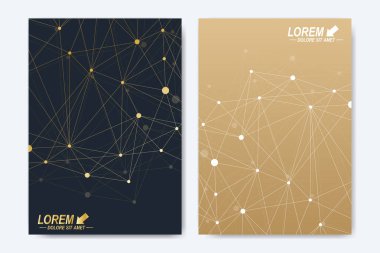 Broşür broşür afiş reklam kapak katalog raporu dergisi veya yıllık modern vektör şablonu. A4 boyutunda. İş, bilim, tıbbi tasarım. Altın sibernetik noktalar. Satırları pleksus. Kart yüzeyi.