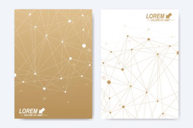 Broşür broşür afiş reklam kapak katalog raporu dergisi veya yıllık modern vektör şablonu. A4 boyutunda. İş, bilim, tıbbi tasarım. Altın sibernetik noktalar. Satırları pleksus. Kart yüzeyi.