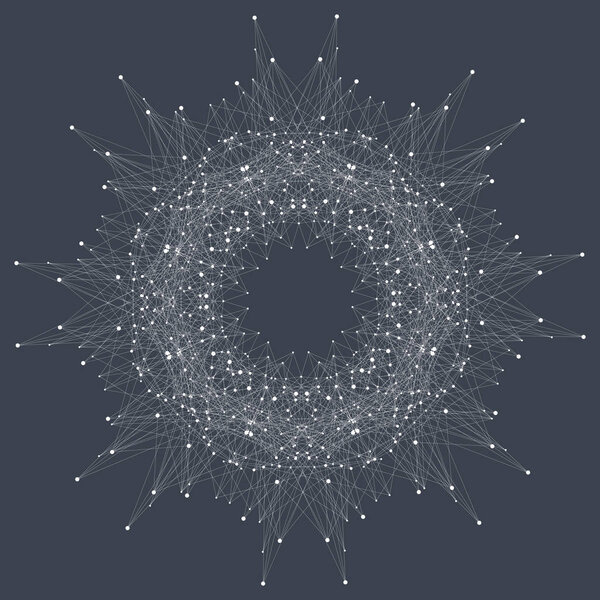 Fractal element with compounds lines and dots. Big data complex. Graphic abstract background communication. Minimal array. Digital data visualization. Lines plexus. Vector illustration.