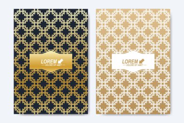 Modern vektör şablonu için broşür, broşür, el ilanı, ilan, kapak, dergi veya yıllık raporu. A4 boyutunda. İslam tasarım kitap düzeni. İslam tarzı soyut altın sunu.