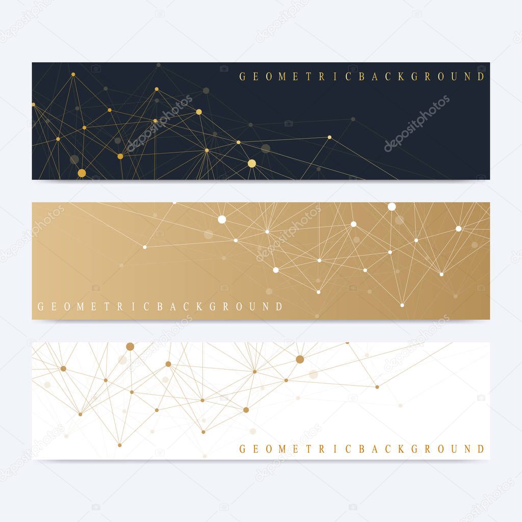 Modern set of vector banners. Geometric abstract presentation. Molecule DNA and communication background for medicine, science, technology, chemistry. Cybernetic dots. Lines plexus.