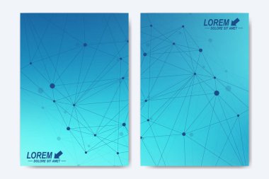 Broşür, broşür, el ilanı, kapak, katalog, dergi veya yıllık raporu modern vektör şablonu. İş, bilim, teknoloji tasarım kitap düzeni, A4 boyutunda. Bilimsel molekül arka planı sunusu