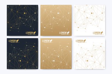 Modern vektör şablonu için kare broşür, broşür, el ilanı, kapak, kitapçık, dergi veya yıllık raporu. Soyut altın sunum kitap düzeni. Altın sibernetik noktalar. Satırları pleksus. Kart yüzeyi.