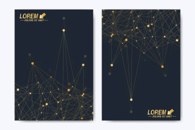 Broşür broşür afiş reklam kapak katalog raporu dergisi veya yıllık modern vektör şablonu. A4 boyutunda. İş, bilim, tıbbi tasarım. Altın sibernetik noktalar. Satırları pleksus. Kart yüzeyi.