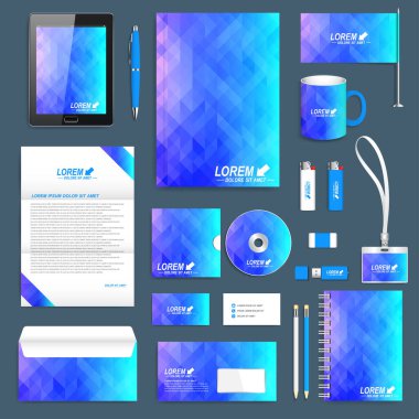 Blue set of vector corporate identity template. Modern stationery mock-up. Background with blue triangles. Business, science, medicine and technology design. Branding design. clipart