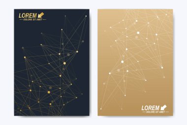 Modern vektör şablonu için broşür, broşür, el ilanı, ilan, kapak, katalog, dergi veya yıllık raporu. A4 boyutunda. İş, bilim, tıbbi tasarım. Altın sibernetik noktalar. Satırları pleksus. Kart yüzeyi.