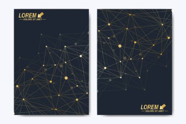 Modern vector template for brochure, Leaflet, flyer, advert, cover, catalog, magazine or annual report. A4 size. Business, science, medical design. Golden cybernetic dots. Lines plexus. Card surface. clipart