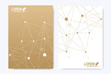 Modern vektör şablonu için broşür, broşür, el ilanı, ilan, kapak, katalog, dergi veya yıllık raporu. A4 boyutunda. İş, bilim, tıbbi tasarım. Altın sibernetik noktalar. Satırları pleksus. Kart yüzeyi.