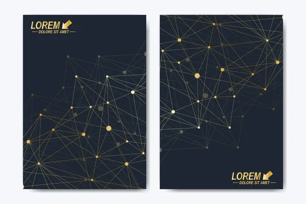 Modern vector template for brochure, Leaflet, flyer, advert, cover, catalog, magazine or annual report. A4 size. Business, science, medical design. Golden cybernetic dots. Lines plexus. Card surface. — Stock Vector