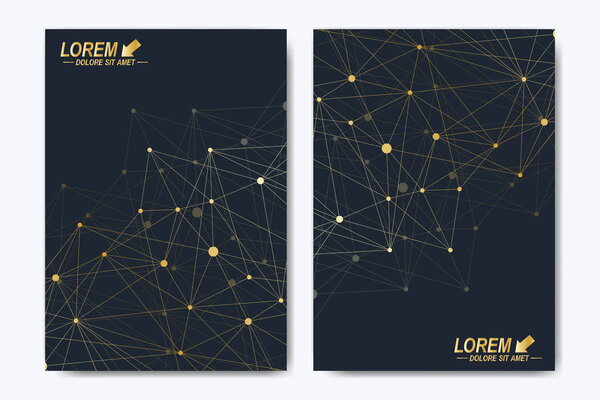 Modern vector template for brochure, Leaflet, flyer, advert, cover, catalog, magazine or annual report. A4 size. Business, science, medical design. Golden cybernetic dots. Lines plexus. Card surface.